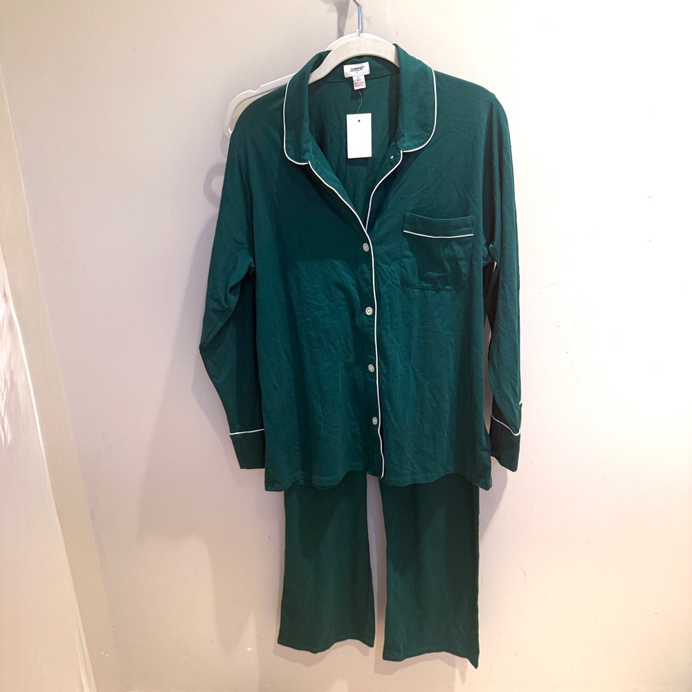 J.Crew Womens Pajama Set Medium Dark Green 100%‎ Cotton Long Sleeve Button Down